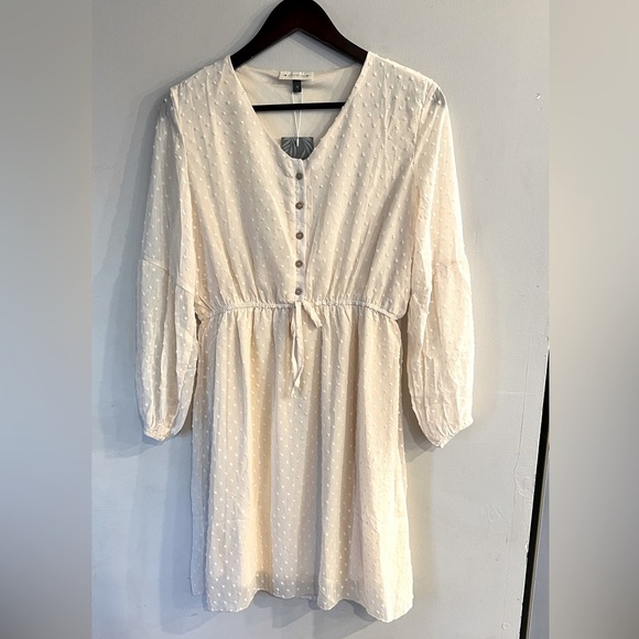 BAILEY’S BLOSSOMS Women’s Ivory Swiss Dot V-Neck Button Detail Long Sleeve Dress - Picture 1 of 7